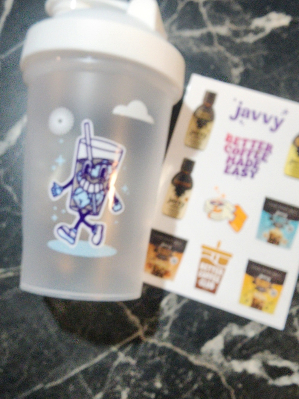 Clear Javy Coffee Shaker Bottle - Clear White Travel Mug W Sticker Sheet - Picture 2 of 3